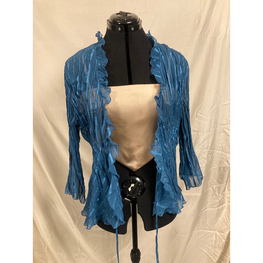 L Notations open front shawl medium blue striped sheer ruffles tie 3/4 sleeve